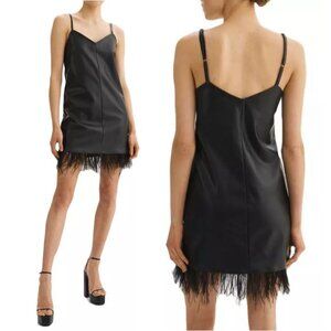 LAMARQUE Mollie Slip Dress M L Faux Leather Feather Hem Sleeveless Black NEW